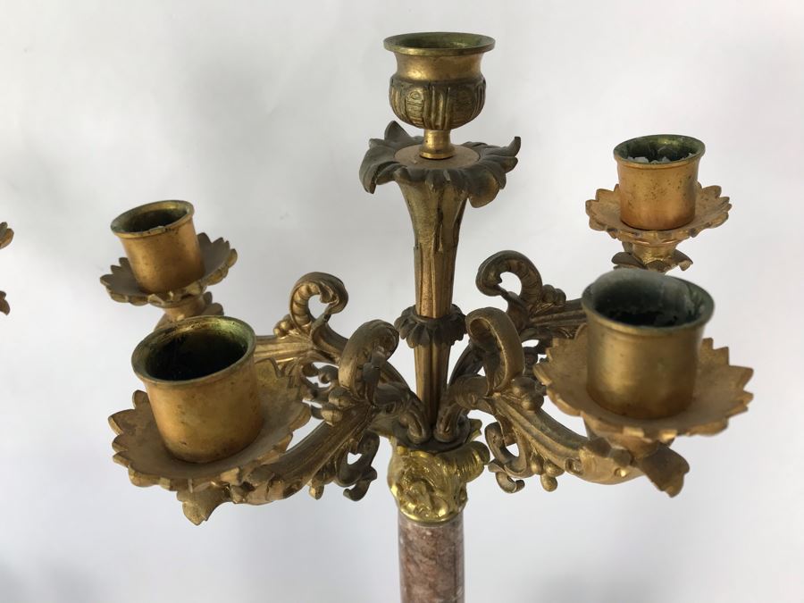 Pair Of Monumental Gilded Metal Candelabras With Three Sets Of Replaceable Marble Columns 9W X 23H [Photo 7]