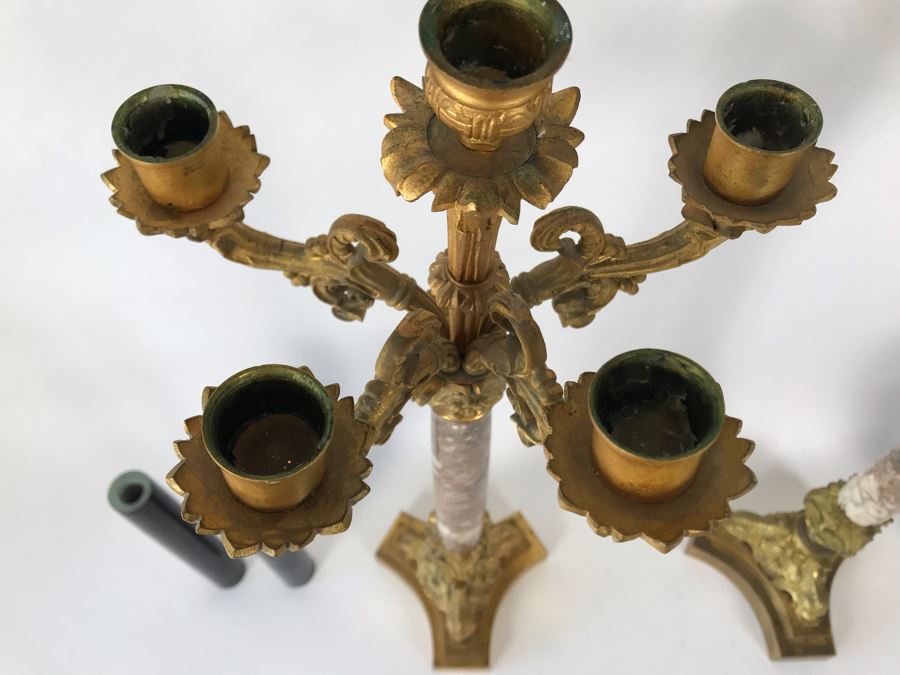 Pair Of Monumental Gilded Metal Candelabras With Three Sets Of Replaceable Marble Columns 9W X 23H [Photo 10]