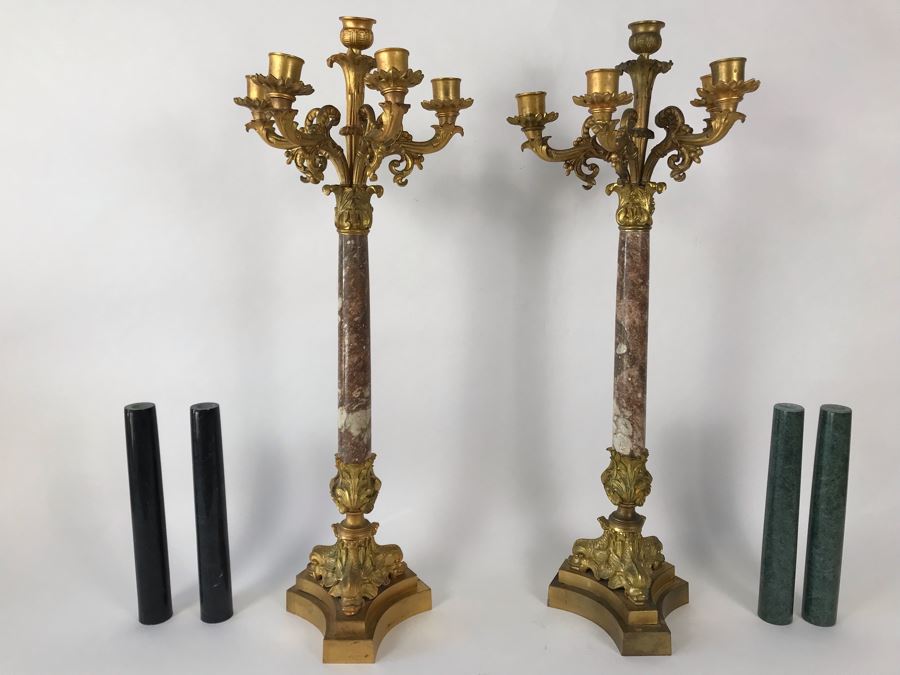 Pair Of Monumental Gilded Metal Candelabras With Three Sets Of Replaceable Marble Columns 9W X 23H [Photo 2]