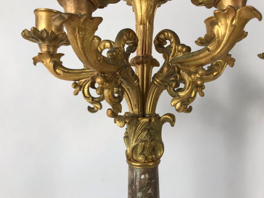 Pair Of Monumental Gilded Metal Candelabras With Three Sets Of Replaceable Marble Columns 9W X 23H [Photo 9]