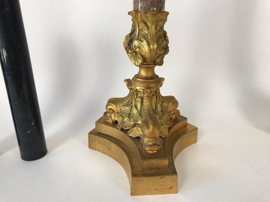 Pair Of Monumental Gilded Metal Candelabras With Three Sets Of Replaceable Marble Columns 9W X 23H [Photo 4]