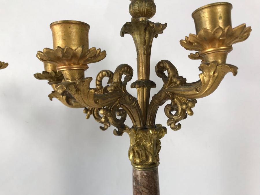 Pair Of Monumental Gilded Metal Candelabras With Three Sets Of Replaceable Marble Columns 9W X 23H [Photo 8]