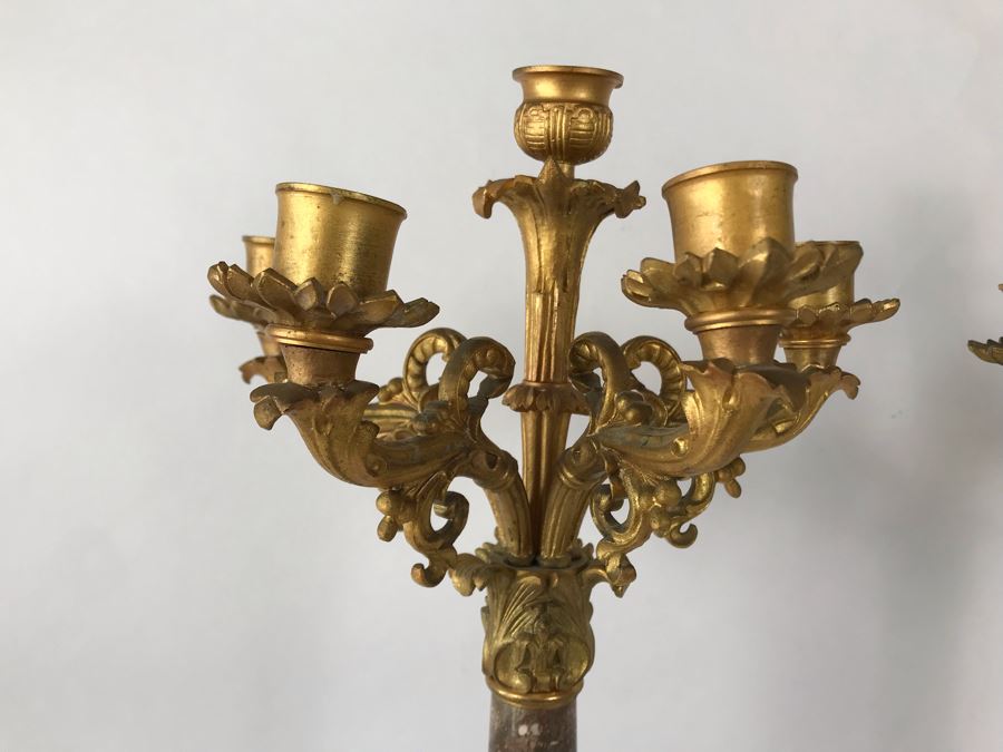 Pair Of Monumental Gilded Metal Candelabras With Three Sets Of Replaceable Marble Columns 9W X 23H [Photo 5]