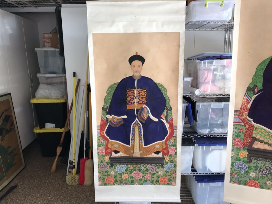 Pair Of Original Vintage Chinese Ancestor Silk Scroll Paintings 28.5 X 54 [Photo 21]