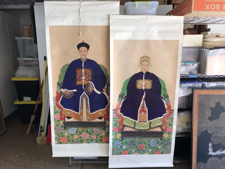 Pair Of Original Vintage Chinese Ancestor Silk Scroll Paintings 28.5 X 54 [Photo 4]