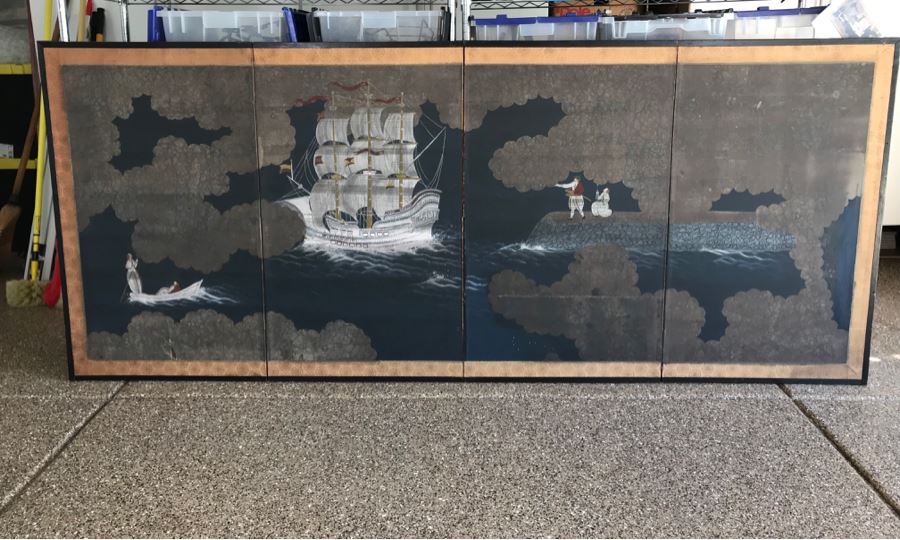 Original Hand Painted 4-Panel Japanese Screen Painting 99 X 42 [Photo 5]