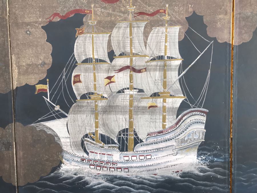 Original Hand Painted 4-Panel Japanese Screen Painting 99 X 42 [Photo 9]