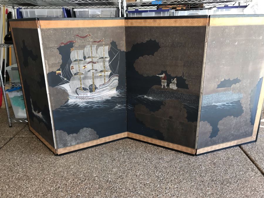 Original Hand Painted 4-Panel Japanese Screen Painting 99 X 42 [Photo 25]