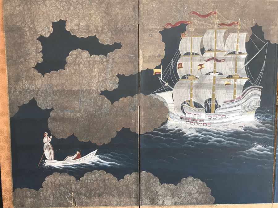 Original Hand Painted 4-Panel Japanese Screen Painting 99 X 42 [Photo 16]