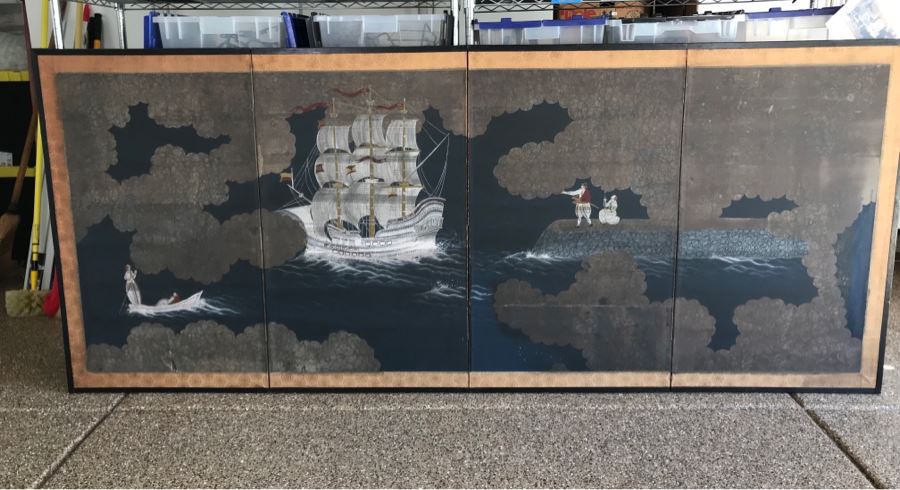 Original Hand Painted 4-Panel Japanese Screen Painting 99 X 42 [Photo 6]