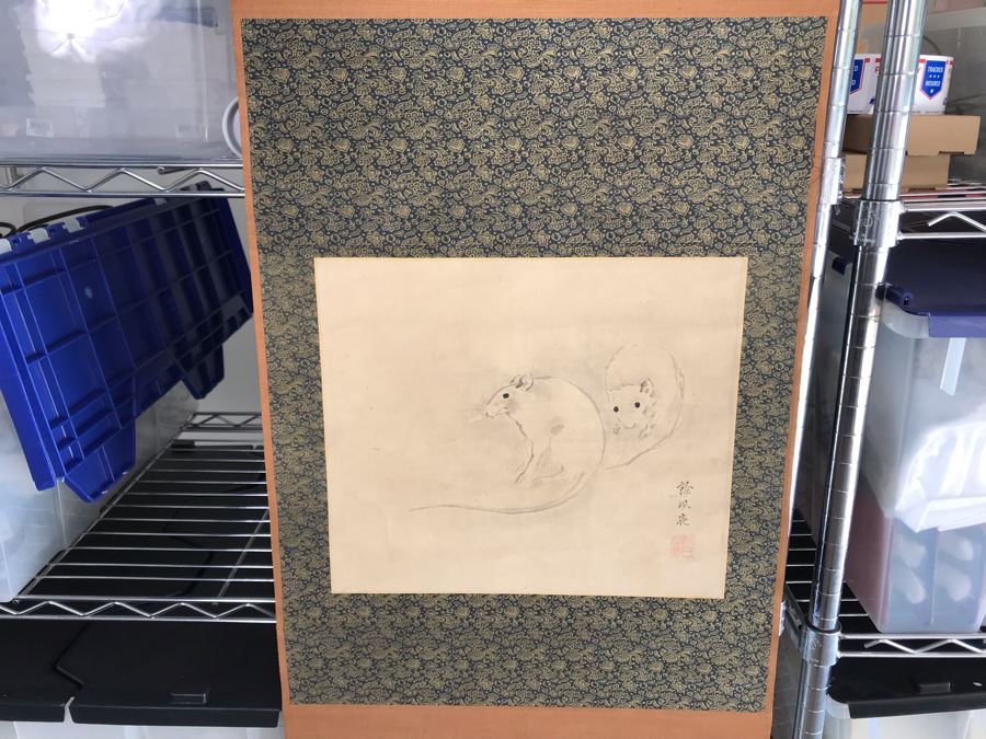 Original Signed Asian Silk Scroll Painting Of Rats 12.5 X 10.5 [Photo 3]