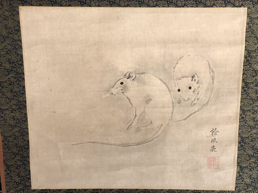 Original Signed Asian Silk Scroll Painting Of Rats 12.5 X 10.5 [Photo 2]