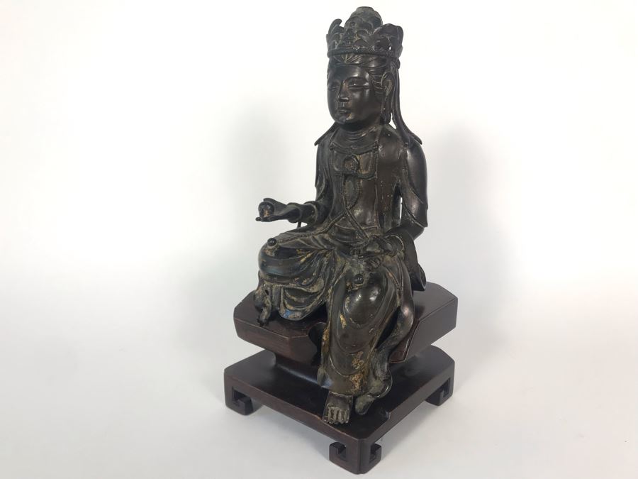 Chinese Ming Dynasty Gilded Bronze Statue With Custom Wooden Stand 5W X 5.25D X 11H [Photo 2]
