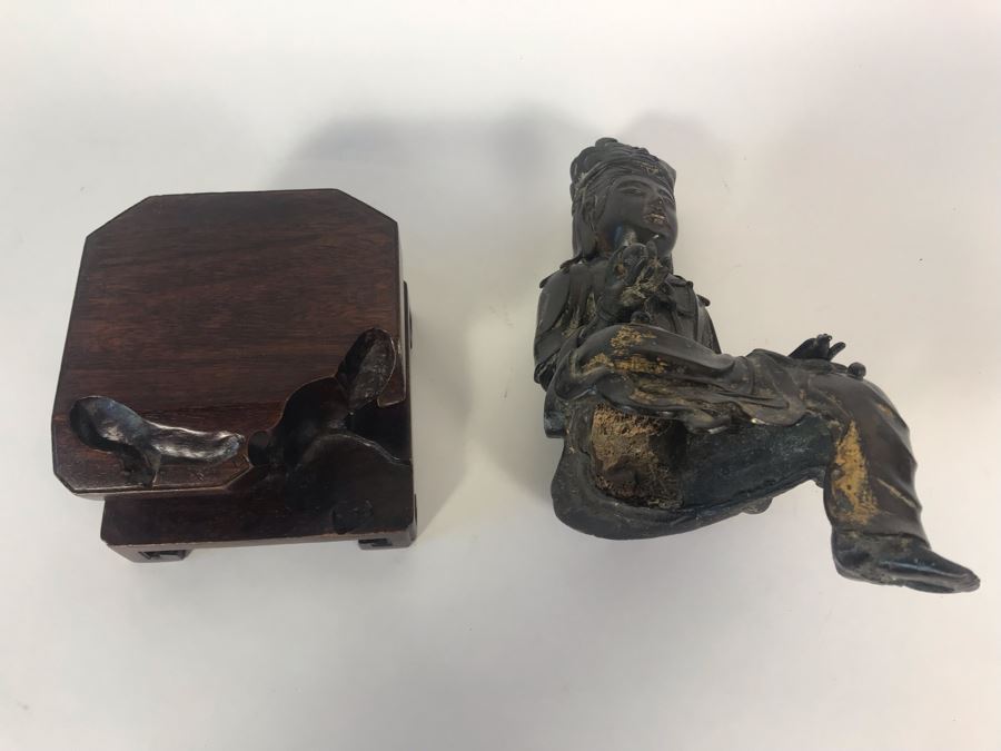 Chinese Ming Dynasty Gilded Bronze Statue With Custom Wooden Stand 5W X 5.25D X 11H [Photo 3]