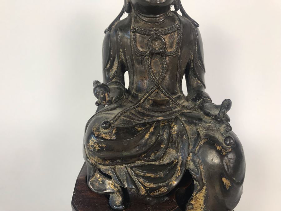 Chinese Ming Dynasty Gilded Bronze Statue With Custom Wooden Stand 5W X 5.25D X 11H [Photo 9]