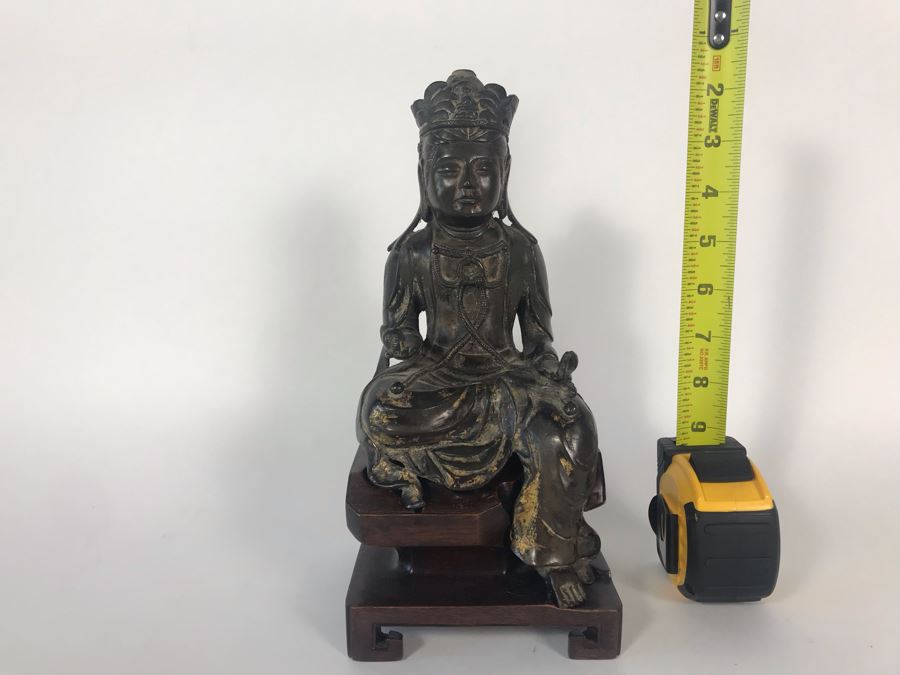 Chinese Ming Dynasty Gilded Bronze Statue With Custom Wooden Stand 5W X 5.25D X 11H