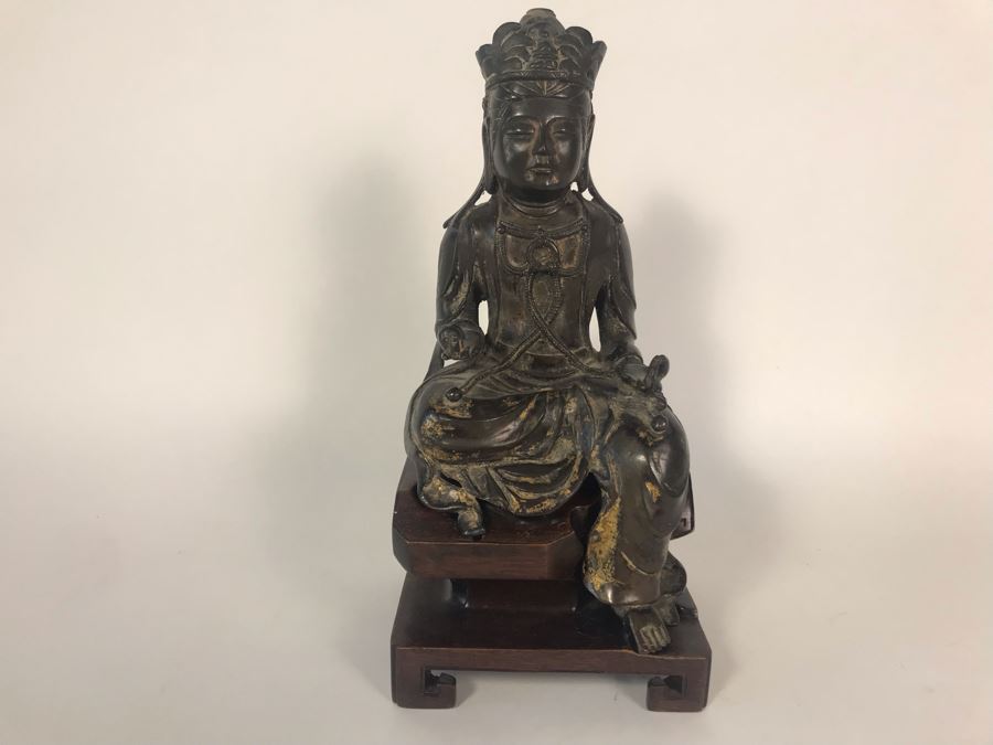 Chinese Ming Dynasty Gilded Bronze Statue With Custom Wooden Stand 5W X 5.25D X 11H [Photo 6]