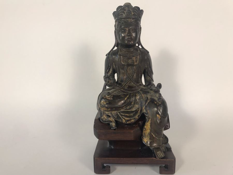 Chinese Ming Dynasty Gilded Bronze Statue With Custom Wooden Stand 5W X 5.25D X 11H [Photo 13]