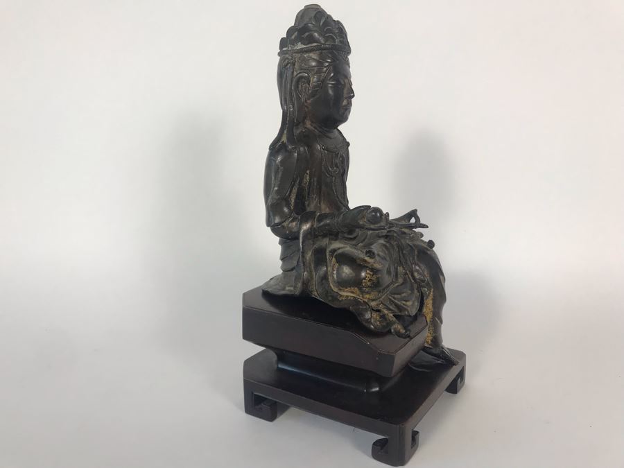 Chinese Ming Dynasty Gilded Bronze Statue With Custom Wooden Stand 5W X 5.25D X 11H [Photo 16]