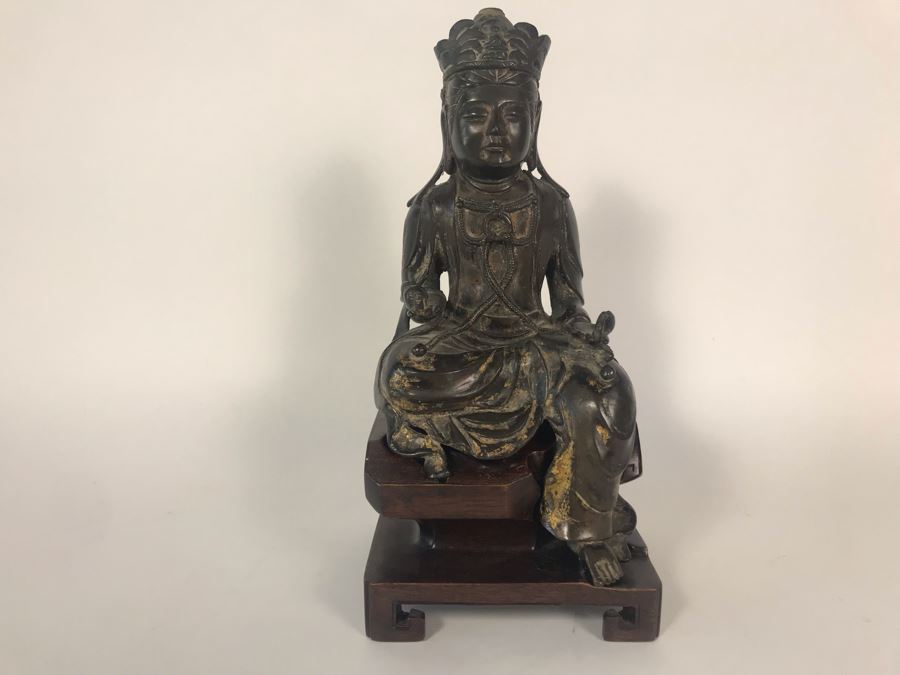 Chinese Ming Dynasty Gilded Bronze Statue With Custom Wooden Stand 5W X 5.25D X 11H [Photo 7]