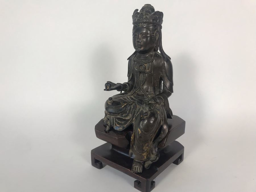 Chinese Ming Dynasty Gilded Bronze Statue With Custom Wooden Stand 5W X 5.25D X 11H [Photo 11]