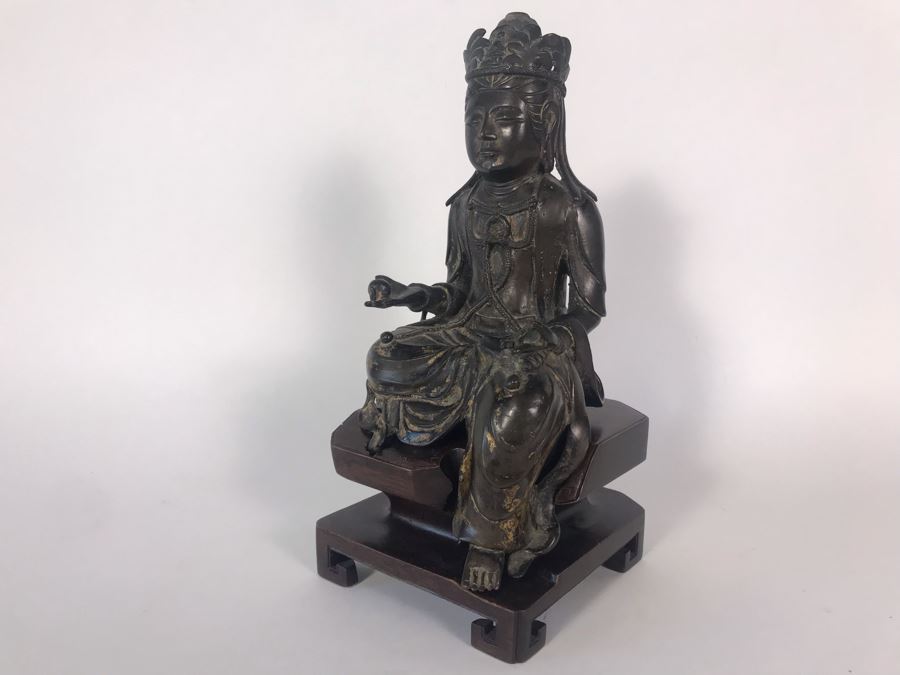 Chinese Ming Dynasty Gilded Bronze Statue With Custom Wooden Stand 5W X 5.25D X 11H [Photo 12]