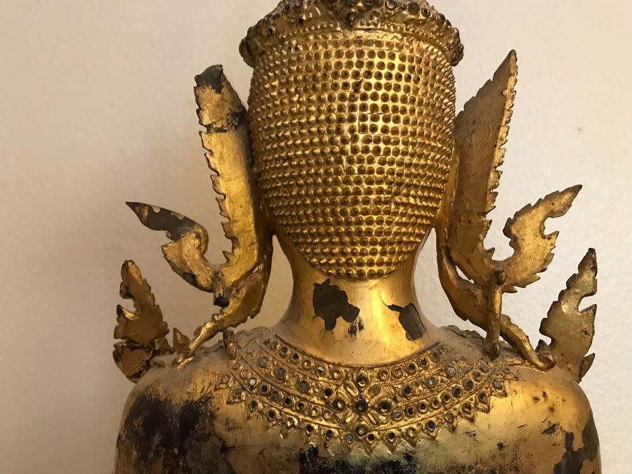 Large Vintage Thai Gilded Bronze Standing Buddha Statue Figure On Wooden Base 11W X 45H [Photo 26]