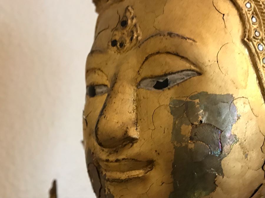 Large Vintage Thai Gilded Bronze Standing Buddha Statue Figure On Wooden Base 11W X 45H [Photo 32]