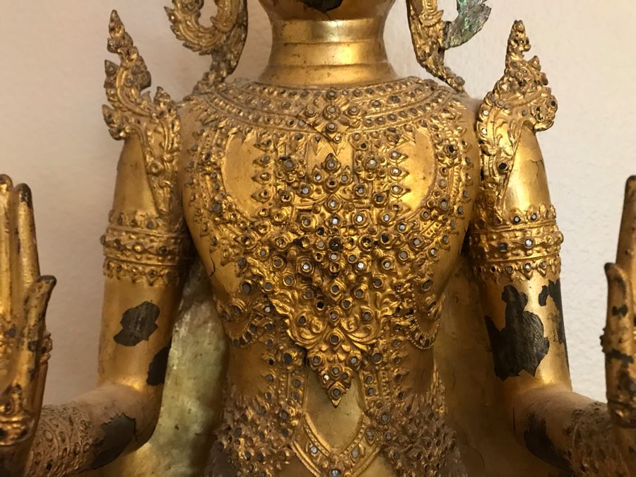 Large Vintage Thai Gilded Bronze Standing Buddha Statue Figure On Wooden Base 11W X 45H [Photo 13]