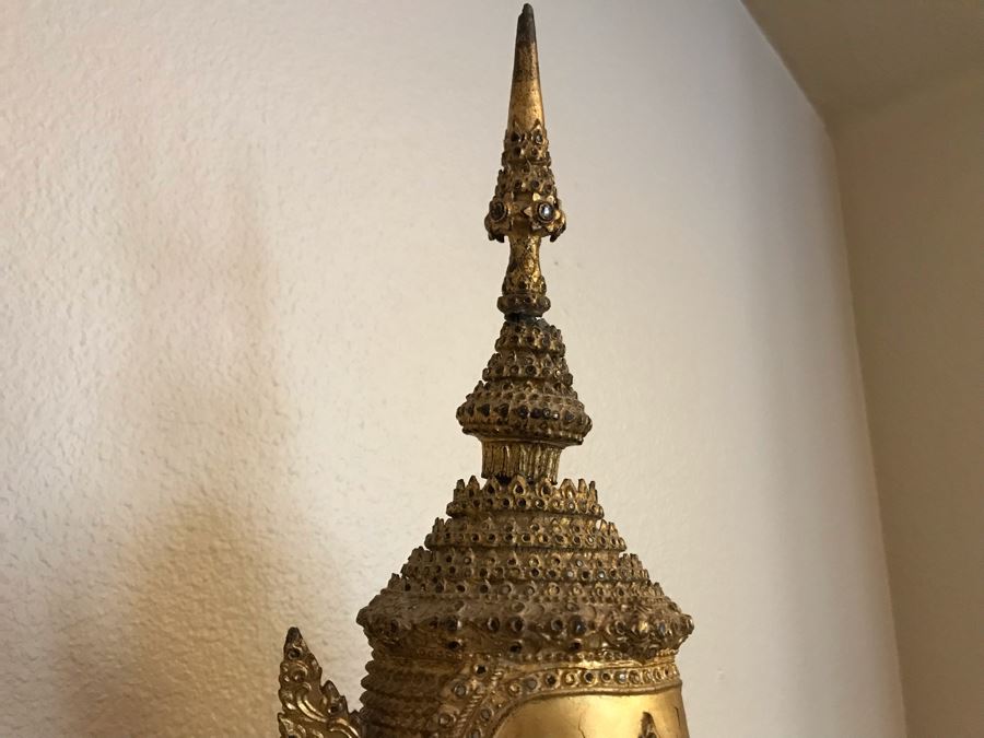 Large Vintage Thai Gilded Bronze Standing Buddha Statue Figure On Wooden Base 11W X 45H [Photo 10]