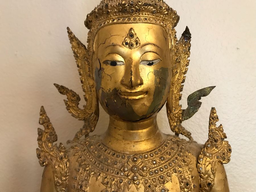 Large Vintage Thai Gilded Bronze Standing Buddha Statue Figure On Wooden Base 11W X 45H [Photo 2]