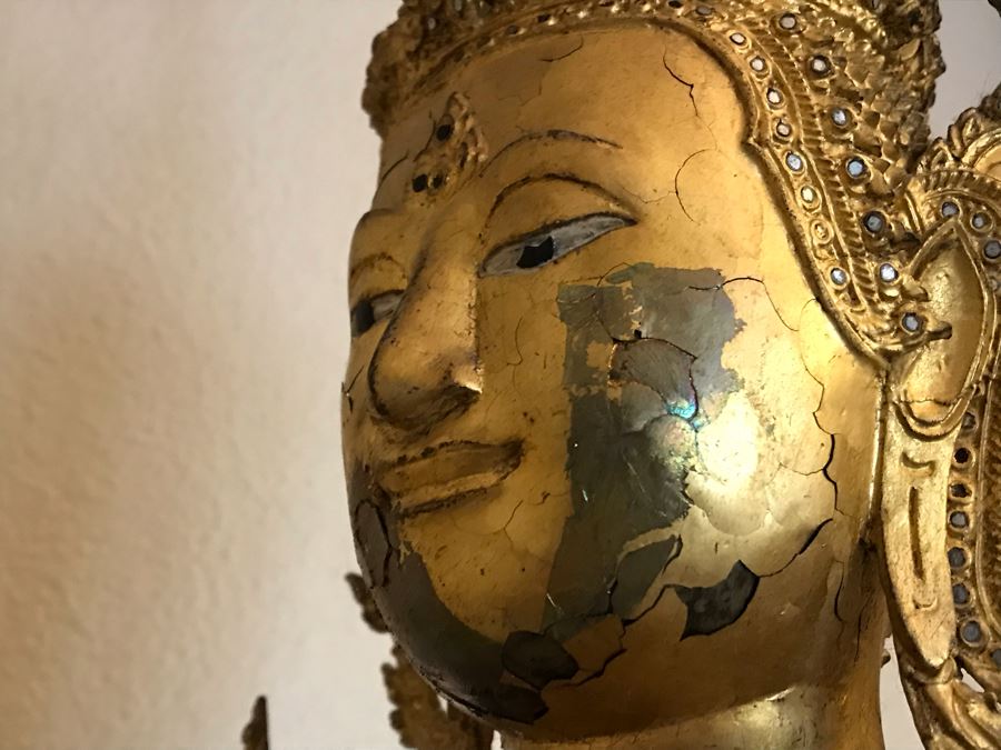 Large Vintage Thai Gilded Bronze Standing Buddha Statue Figure On Wooden Base 11W X 45H [Photo 33]