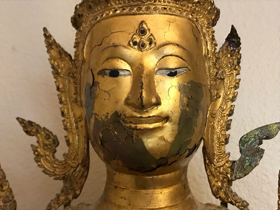 Large Vintage Thai Gilded Bronze Standing Buddha Statue Figure On Wooden Base 11W X 45H [Photo 15]