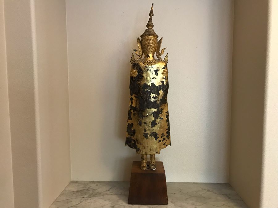 Large Vintage Thai Gilded Bronze Standing Buddha Statue Figure On Wooden Base 11W X 45H [Photo 24]