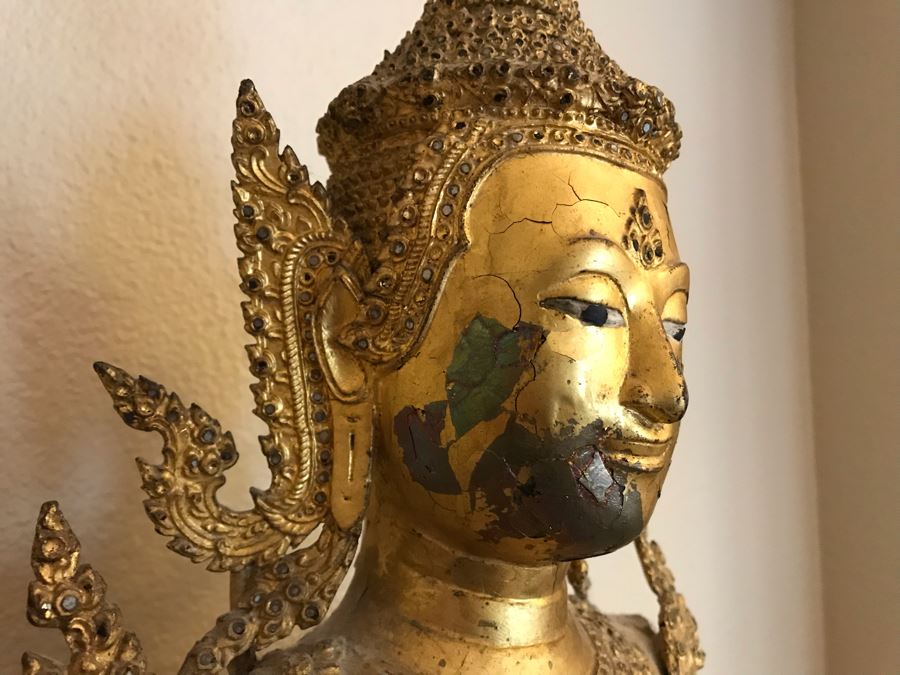 Large Vintage Thai Gilded Bronze Standing Buddha Statue Figure On Wooden Base 11W X 45H [Photo 9]