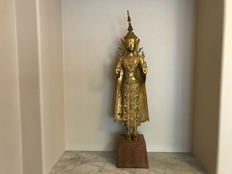 Large Vintage Thai Gilded Bronze Standing Buddha Statue Figure On Wooden Base 11W X 45H [Photo 5]