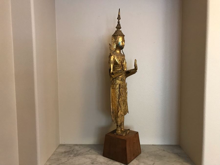Large Vintage Thai Gilded Bronze Standing Buddha Statue Figure On Wooden Base 11W X 45H [Photo 21]