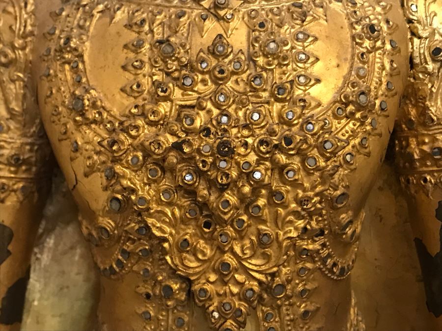 Large Vintage Thai Gilded Bronze Standing Buddha Statue Figure On Wooden Base 11W X 45H [Photo 14]