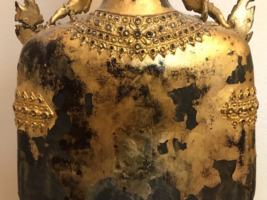 Large Vintage Thai Gilded Bronze Standing Buddha Statue Figure On Wooden Base 11W X 45H [Photo 27]