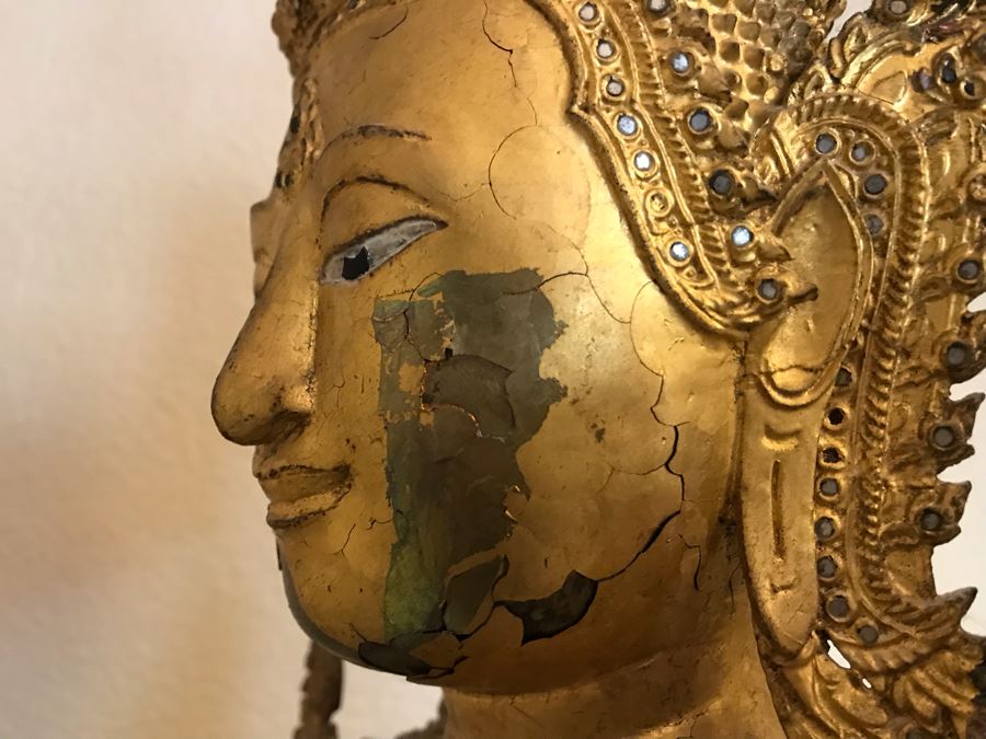 Large Vintage Thai Gilded Bronze Standing Buddha Statue Figure On Wooden Base 11W X 45H [Photo 31]