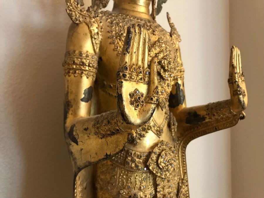 Large Vintage Thai Gilded Bronze Standing Buddha Statue Figure On Wooden Base 11W X 45H [Photo 3]