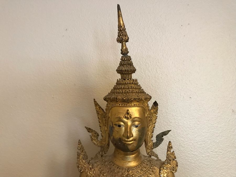 Large Vintage Thai Gilded Bronze Standing Buddha Statue Figure On Wooden Base 11W X 45H [Photo 8]