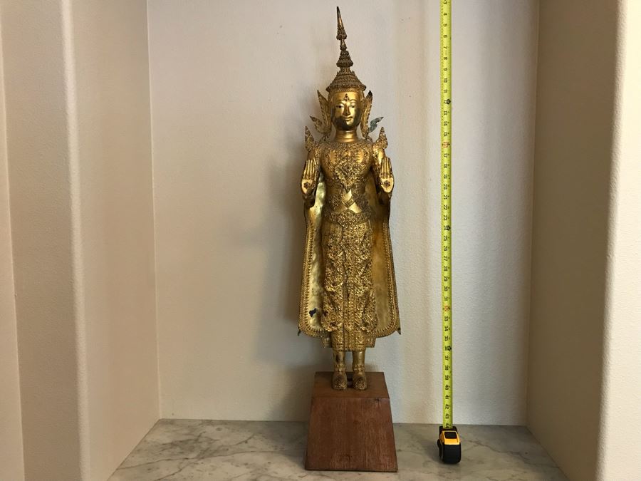 Large Vintage Thai Gilded Bronze Standing Buddha Statue Figure On Wooden Base 11W X 45H [Photo 20]