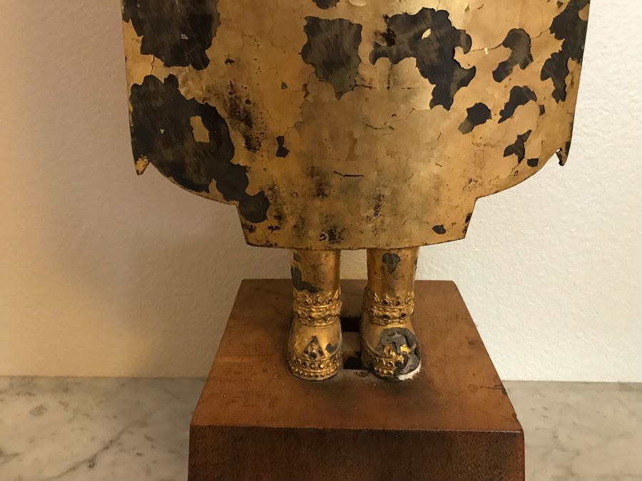 Large Vintage Thai Gilded Bronze Standing Buddha Statue Figure On Wooden Base 11W X 45H [Photo 29]