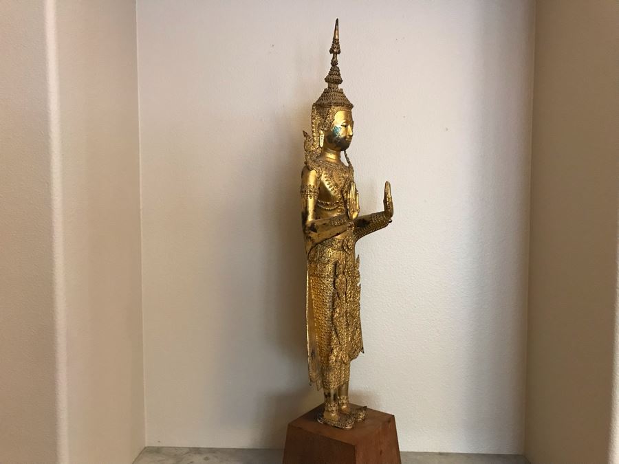 Large Vintage Thai Gilded Bronze Standing Buddha Statue Figure On Wooden Base 11W X 45H [Photo 22]