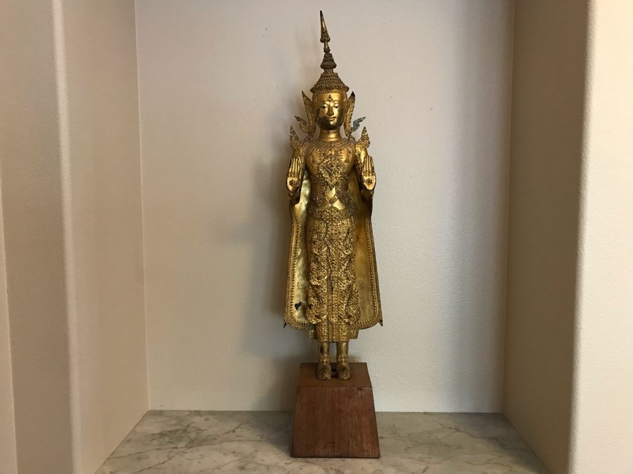 Large Vintage Thai Gilded Bronze Standing Buddha Statue Figure On Wooden Base 11W X 45H [Photo 7]