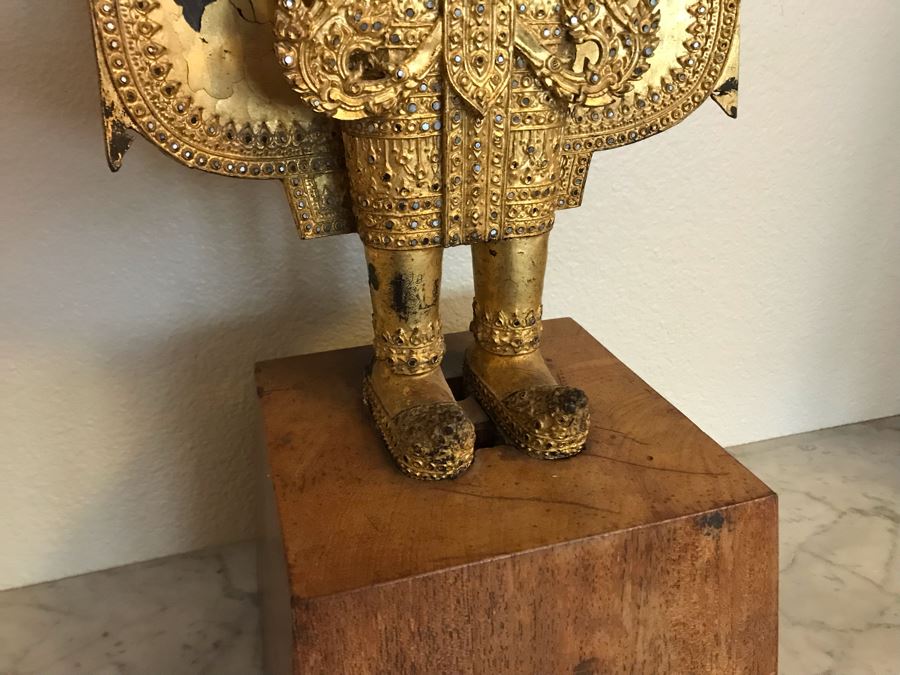 Large Vintage Thai Gilded Bronze Standing Buddha Statue Figure On Wooden Base 11W X 45H [Photo 12]