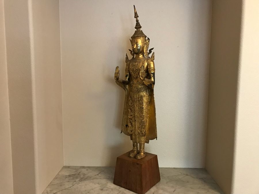 Large Vintage Thai Gilded Bronze Standing Buddha Statue Figure On Wooden Base 11W X 45H [Photo 35]