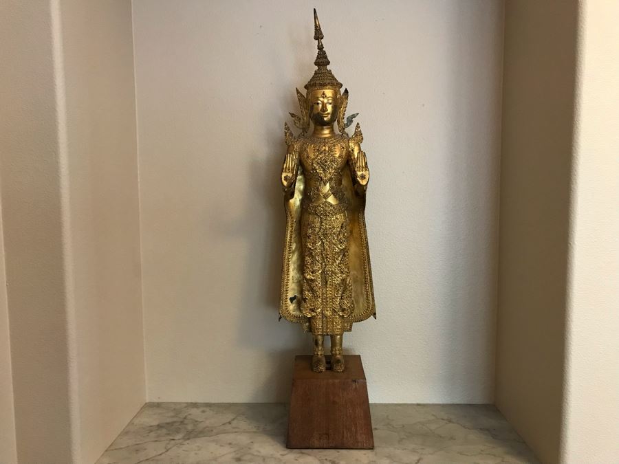 Large Vintage Thai Gilded Bronze Standing Buddha Statue Figure On Wooden Base 11W X 45H [Photo 6]