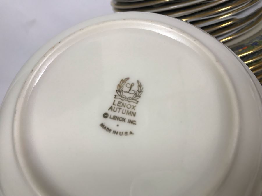 Lenox Autumn Pattern Gold Rim China Set Apx 37 Pieces (Gravy Boat with Attached Underplate Has Replacements Value Of $239 - Entire Set Has Replacements Value Well Over $1,000) [Photo 11]